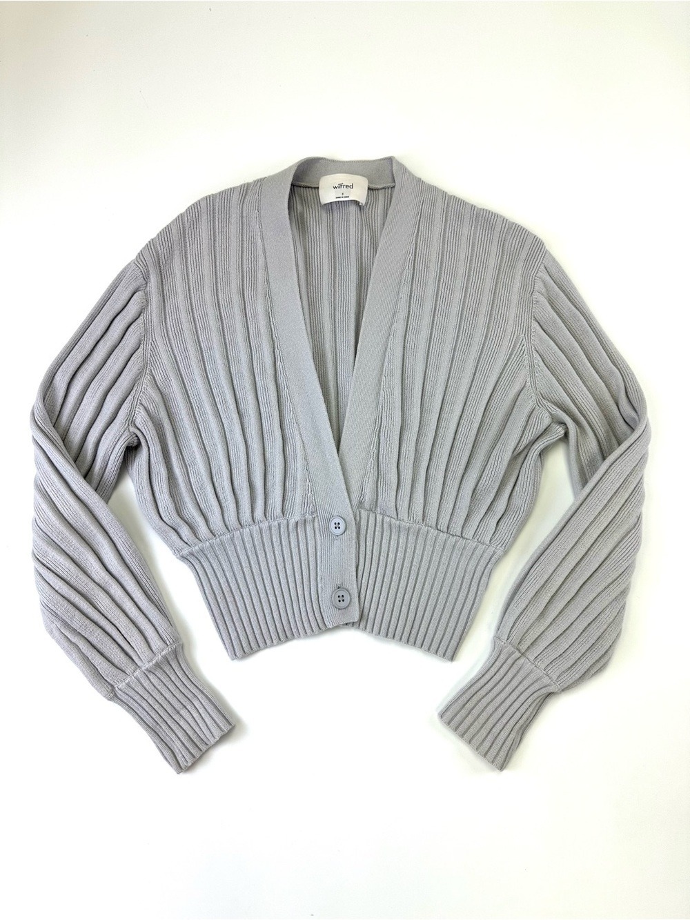 Aritzia Wilfred Merino Wool Cotton Ribbed Cropped Cardigan Grey Small